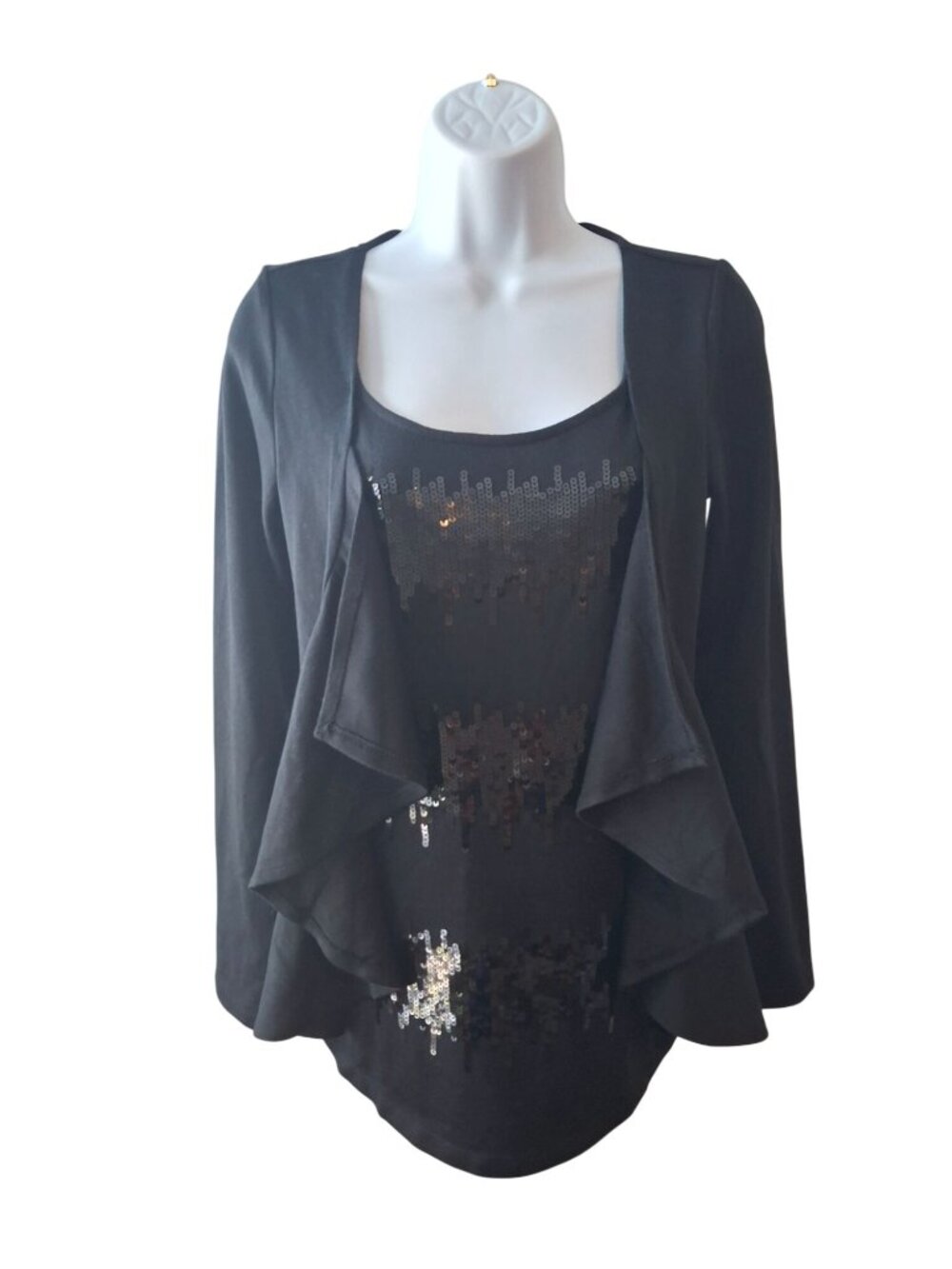Colleen Lopez Layered Blouse Black Sequin XS Y2K Party Glam Career Chic